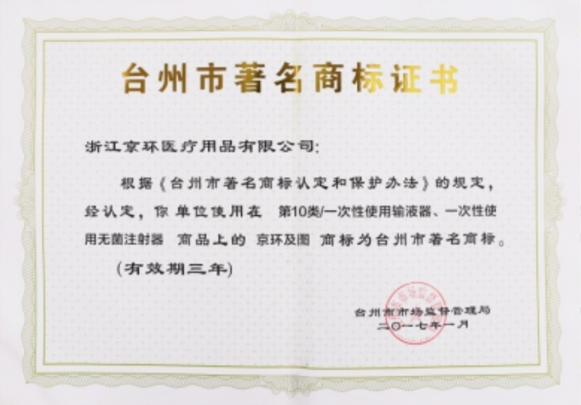 Certificado de marca famosa de Taizhou